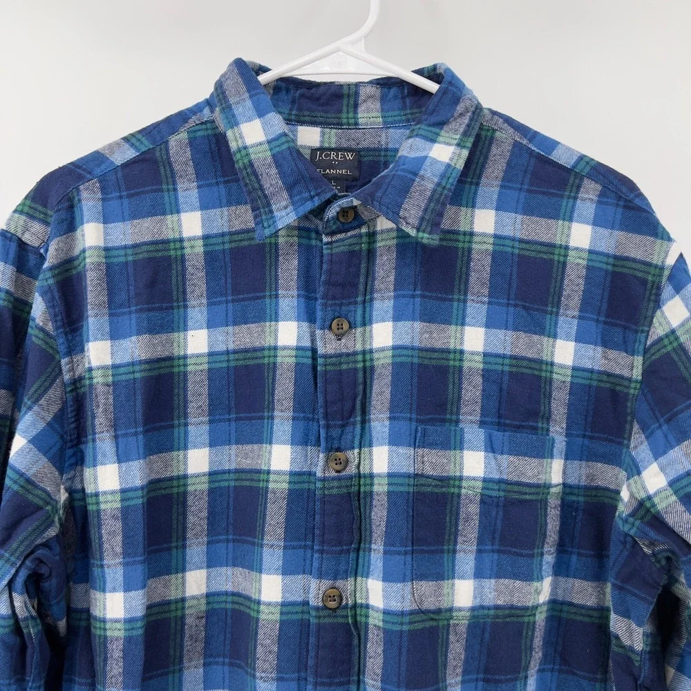J.Crew Men L Button-Up Long Sleeve Flannel Shirt Blue Green Plaid‎ Collar Pocket